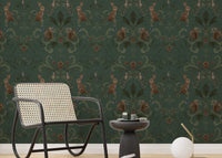 Victorian forest woodland animals green color wallpaper with a black chair in sitting area.