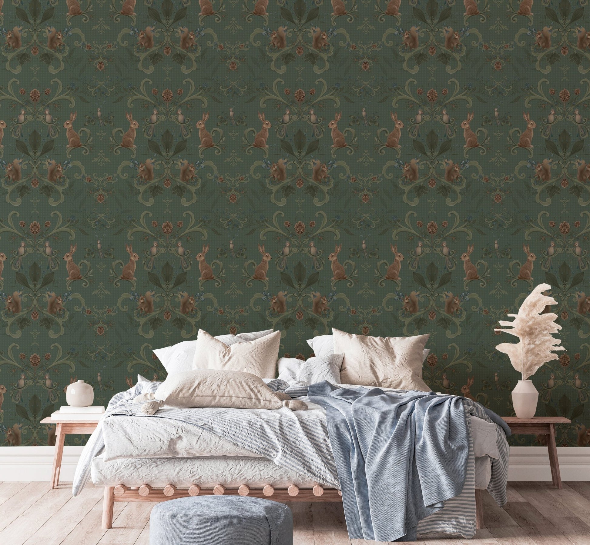 Green wallpaper showcasing Victorian forest animals in bedroom.