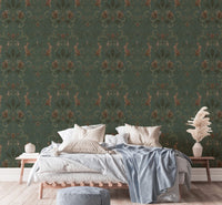 Green wallpaper showcasing Victorian forest animals in bedroom.