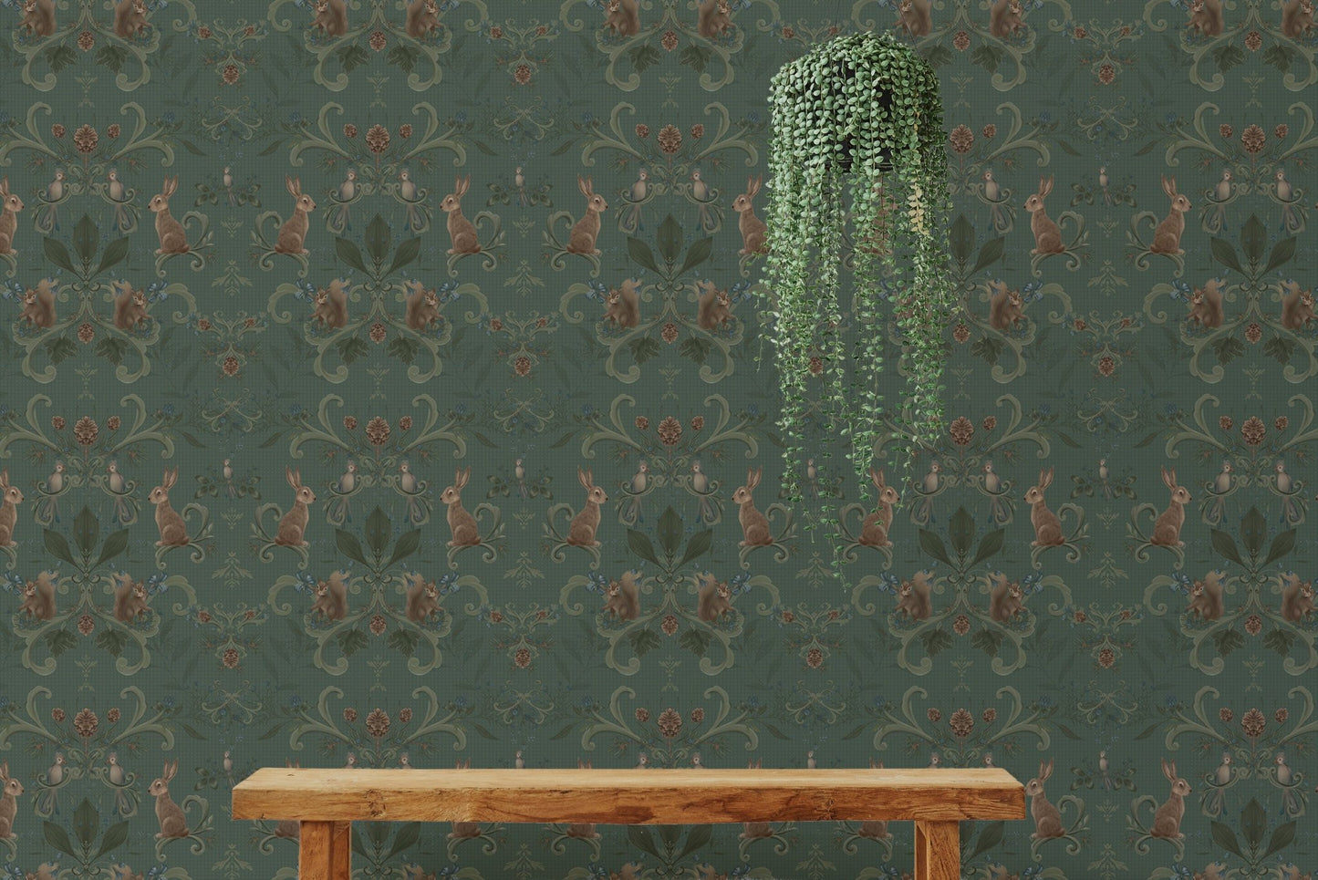 Victorian forest wallpaper with hanging plants and a wooden bench.