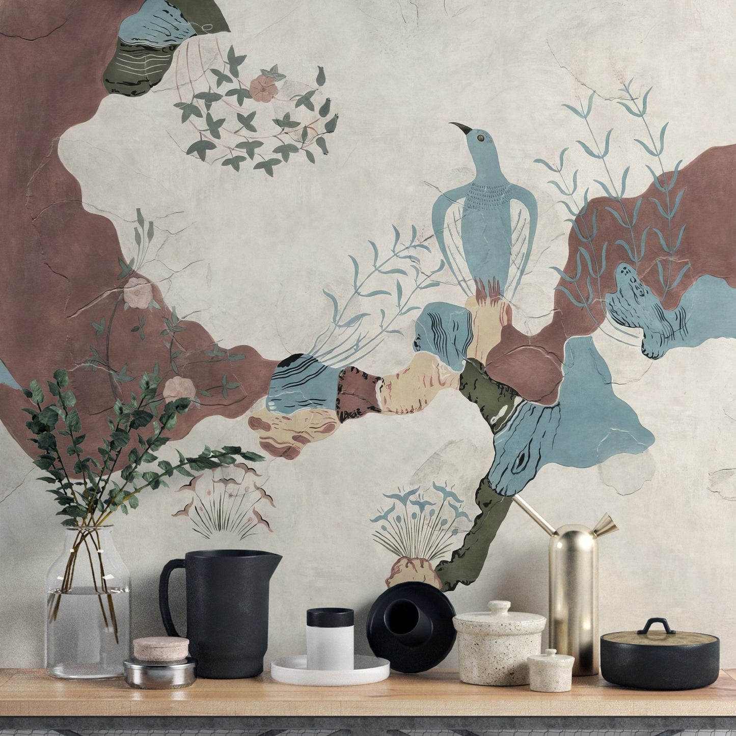 Textured abstract wall mural in muted green and clay color.