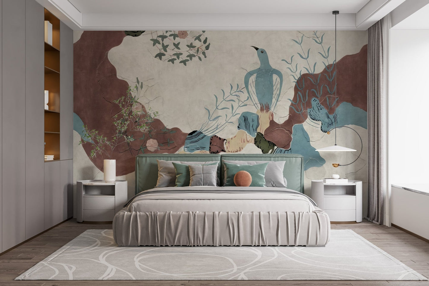 Vintage abstract wallpaper mural with muted blue and brown art.