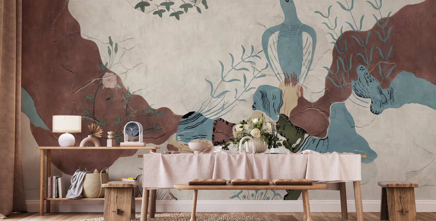 Vintage style wallpaper mural with textured cream background.