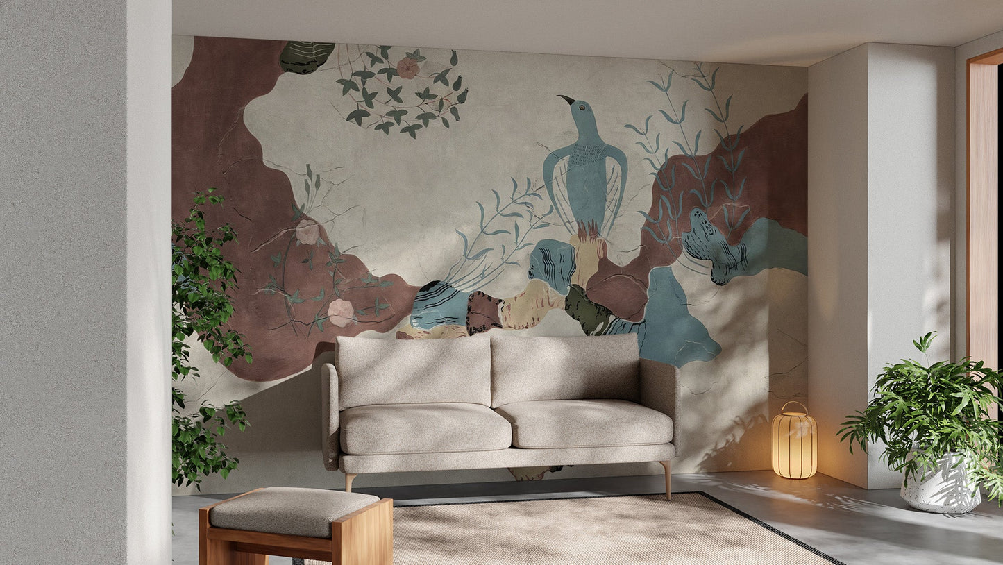 Vintage Abstract Wallpaper Mural with organic shapes.