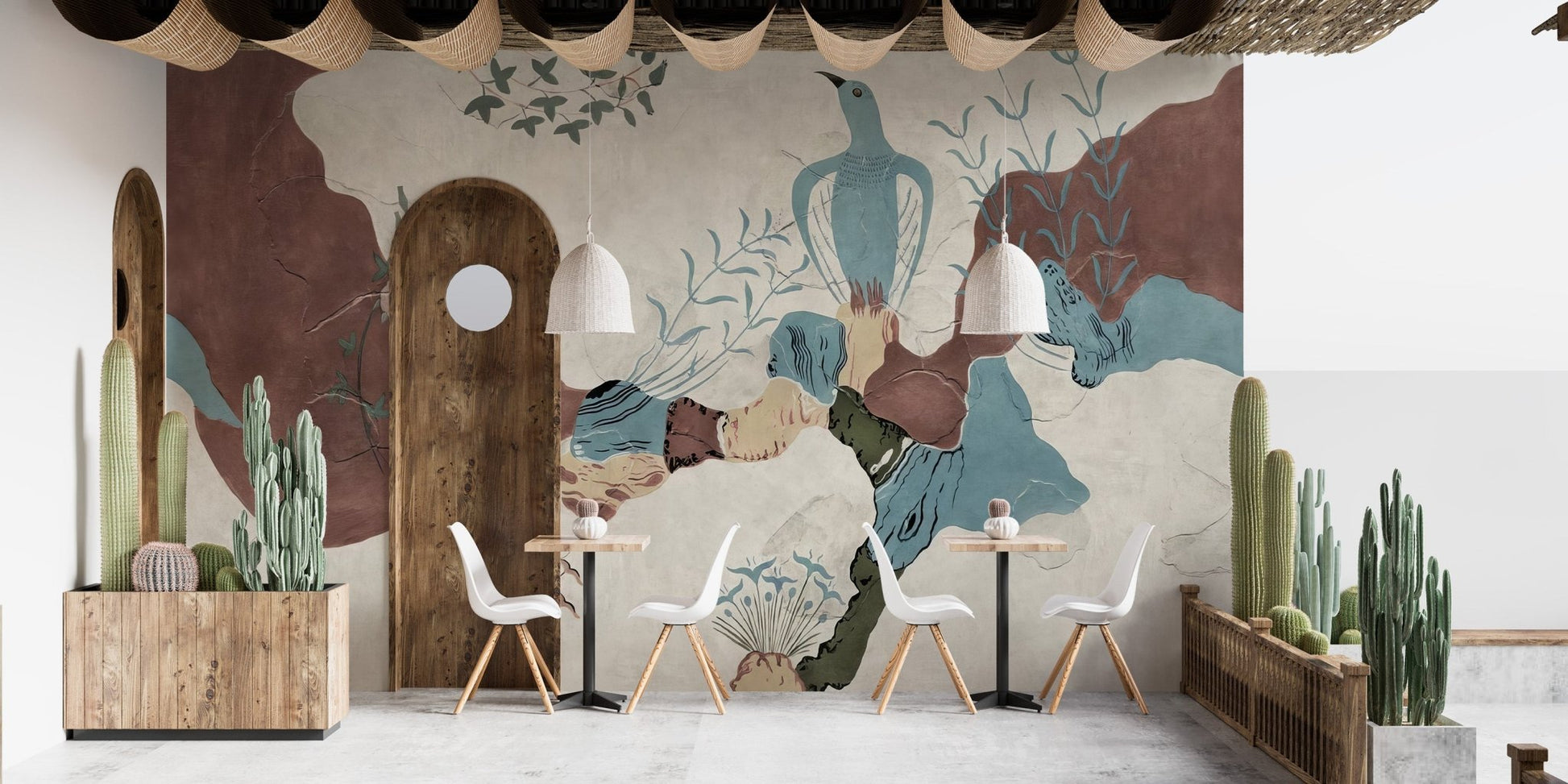 Contemporary abstract wall mural in beige and dusty blue.