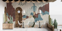 Contemporary abstract wall mural in beige and dusty blue.