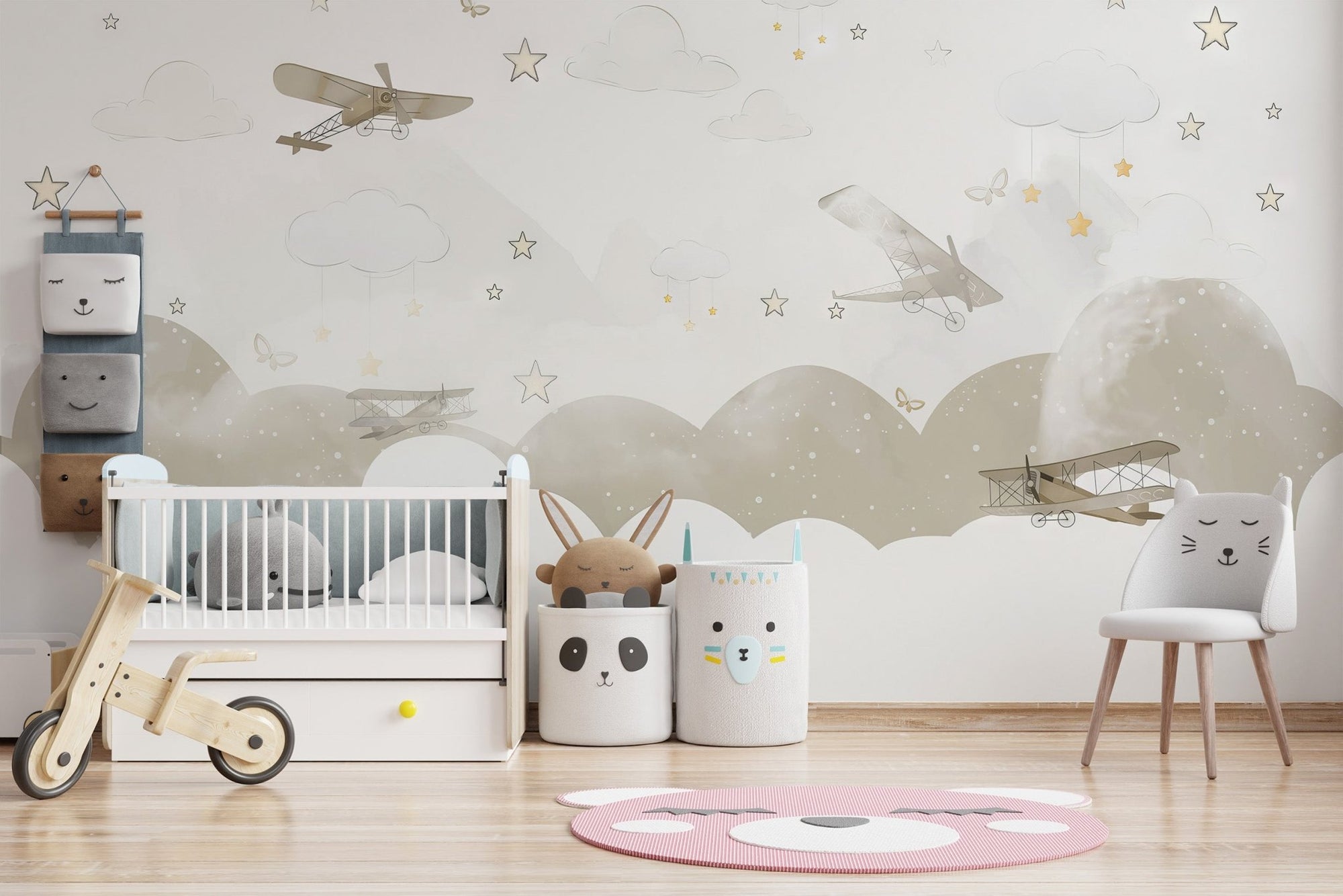 Vintage airplane adventure wall mural in soft beige sky wallpaper.