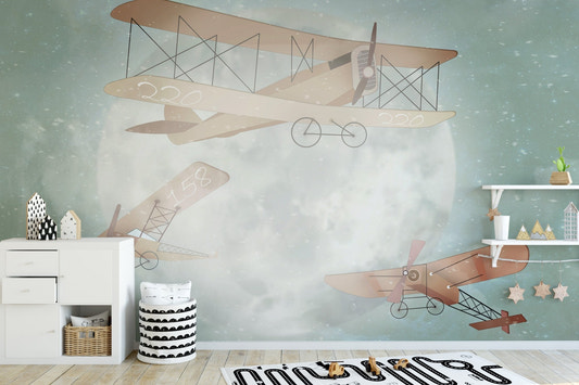 Vintage aircraft pattern wallpaper wall mural muted tone design.