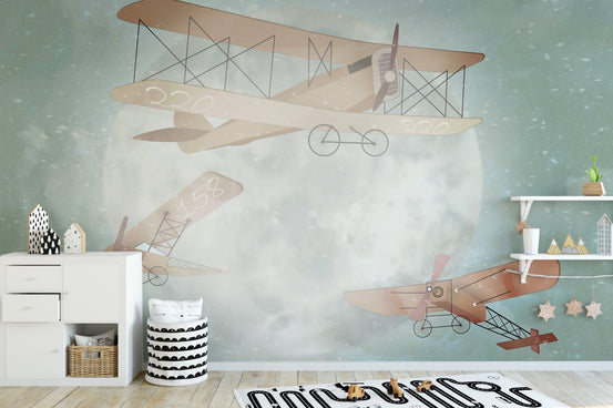 Vintage aircraft pattern wallpaper wall mural muted tone design.