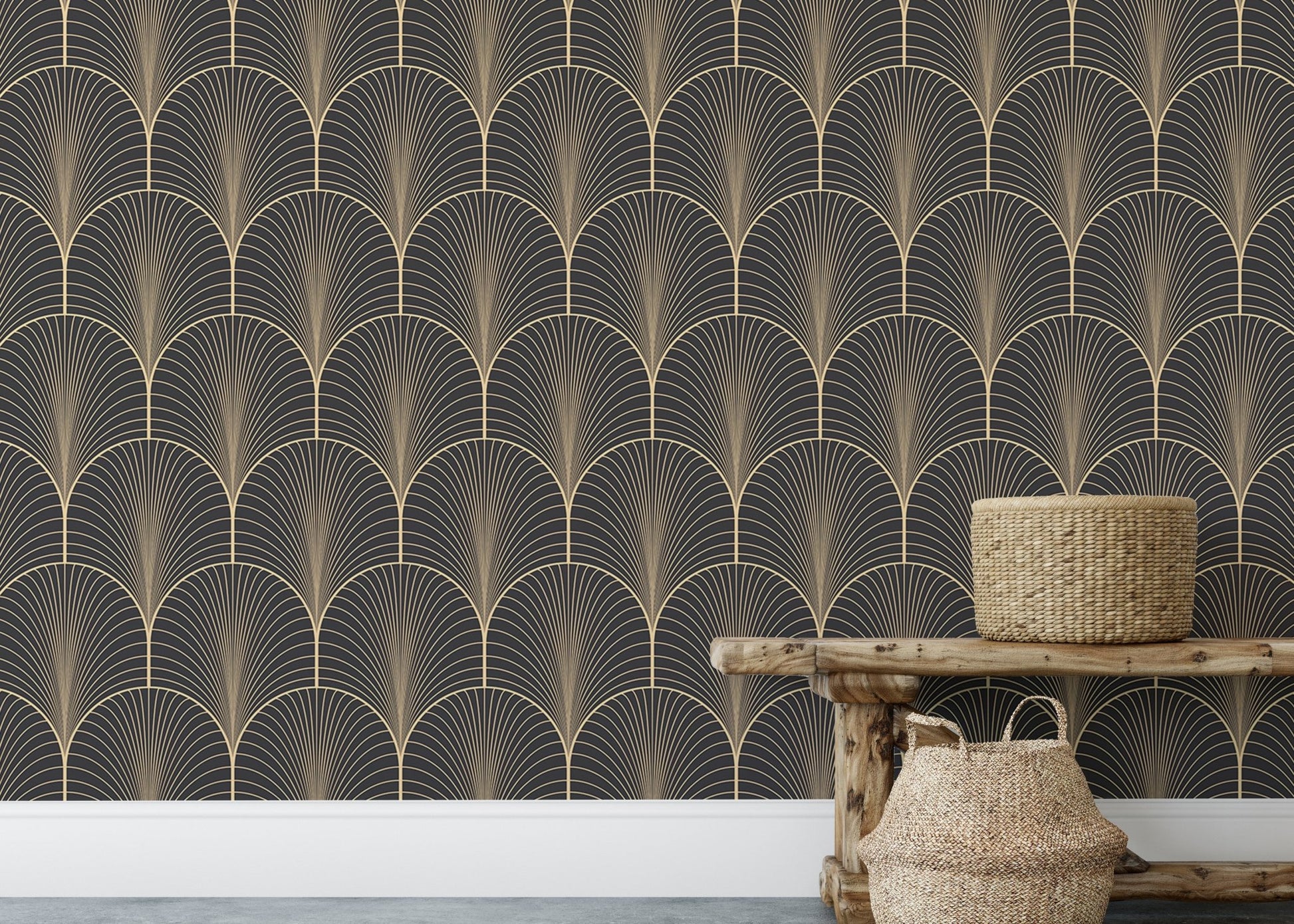 Peel and stick Art Deco wallpaper on feature wall with wicker baskets.