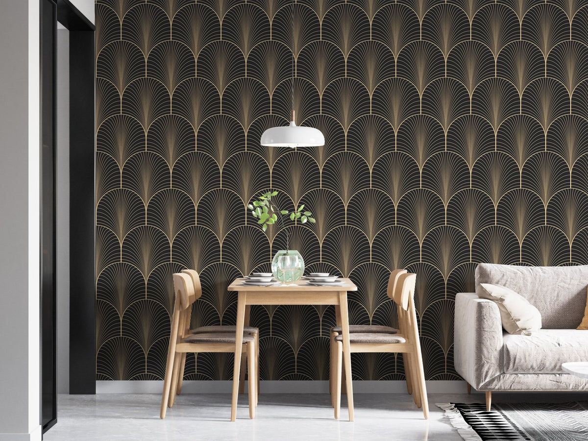 Geometric fan pattern wallpaper in dining area with wooden furniture.