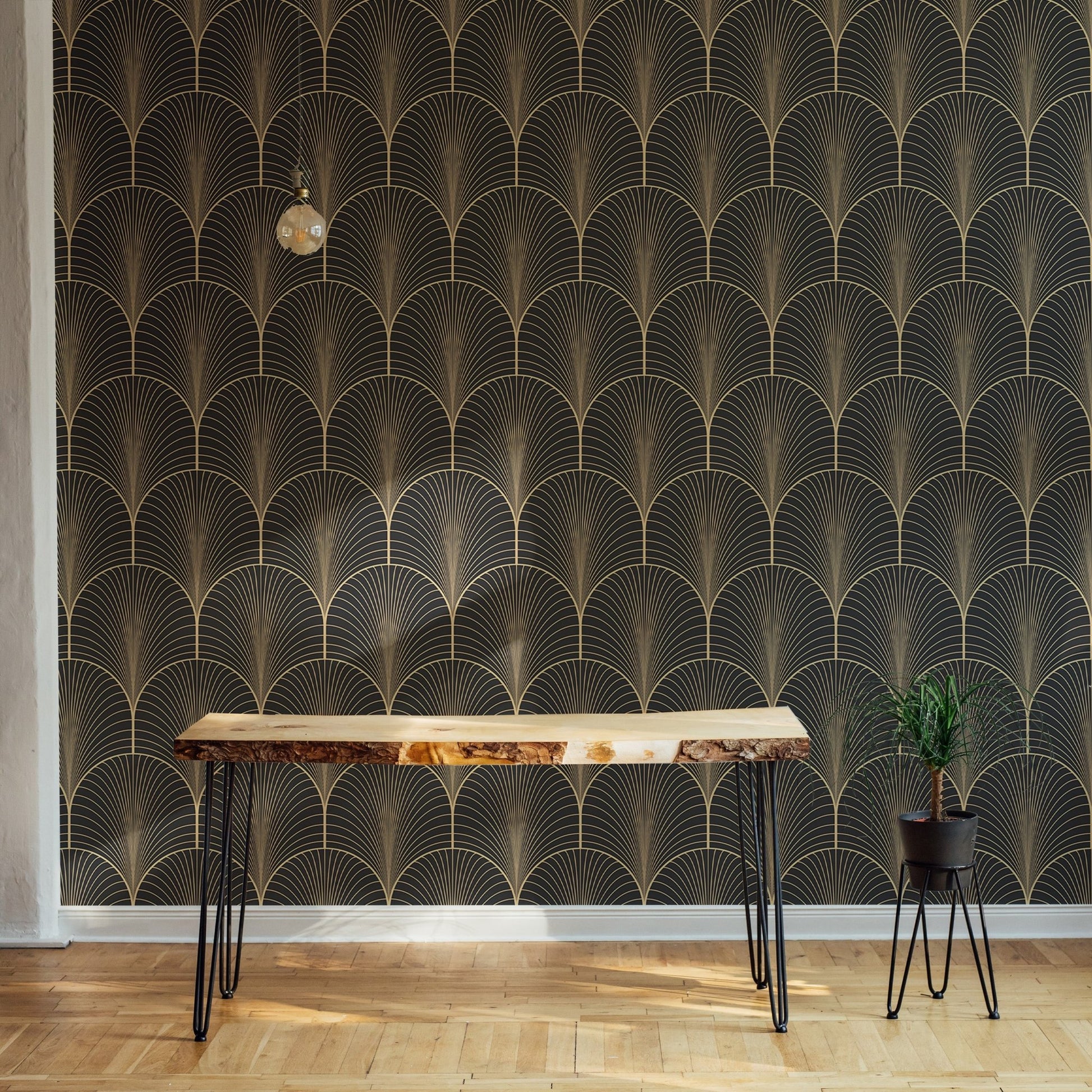 Vintage Antique Palette Art Deco Wallpaper in hallway with console table.
