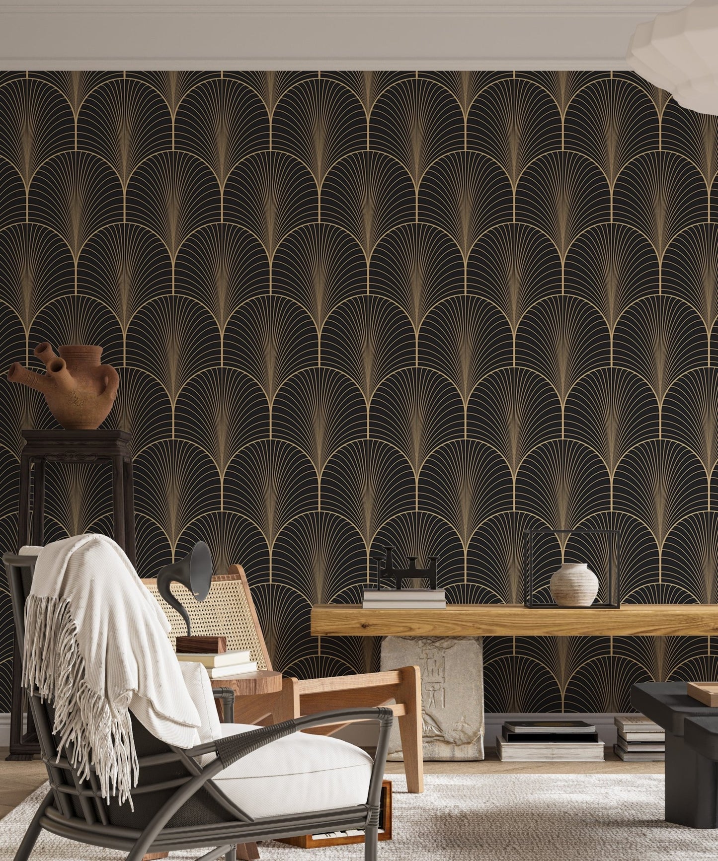 Vintage Antique Palette Art Deco Wallpaper in home office with desk.