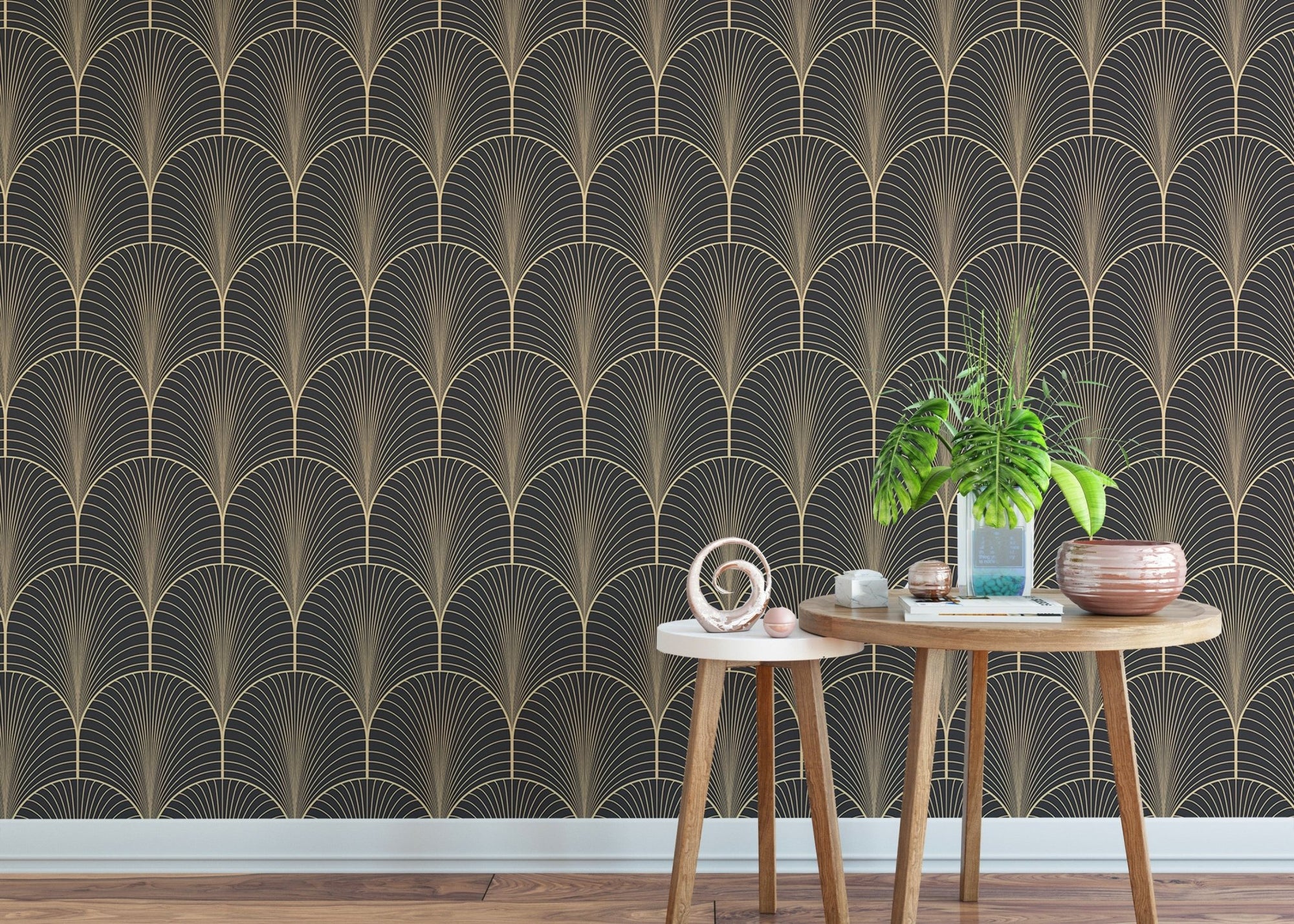 Vintage Antique Palette Art Deco Wallpaper in living room with wooden table.