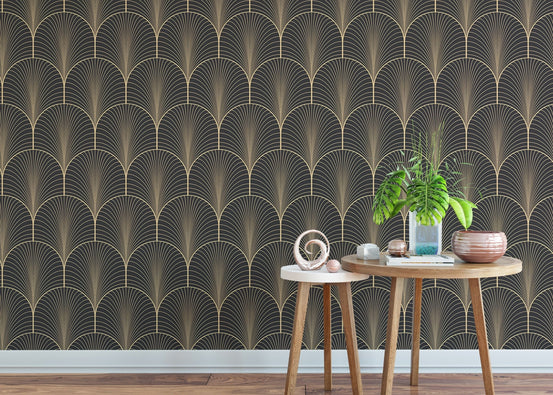 Vintage Antique Palette Art Deco Wallpaper in living room with wooden table.