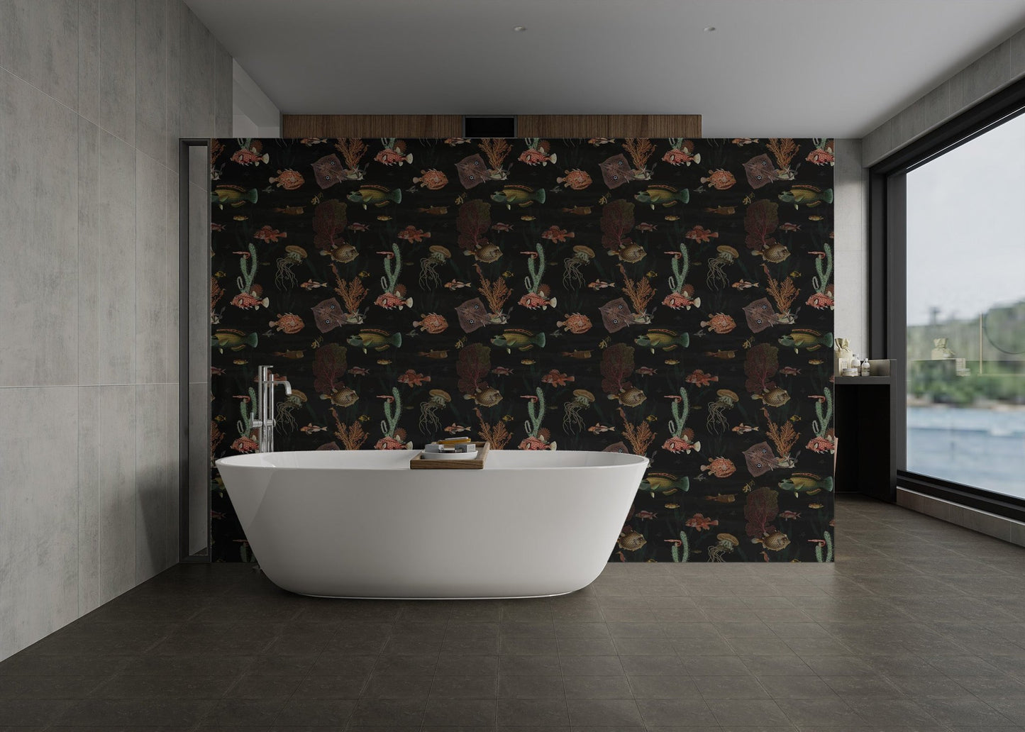 Black wallpaper featuring vintage painted fish use as bathroom backdrop.
