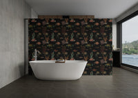 Black wallpaper featuring vintage painted fish use as bathroom backdrop.