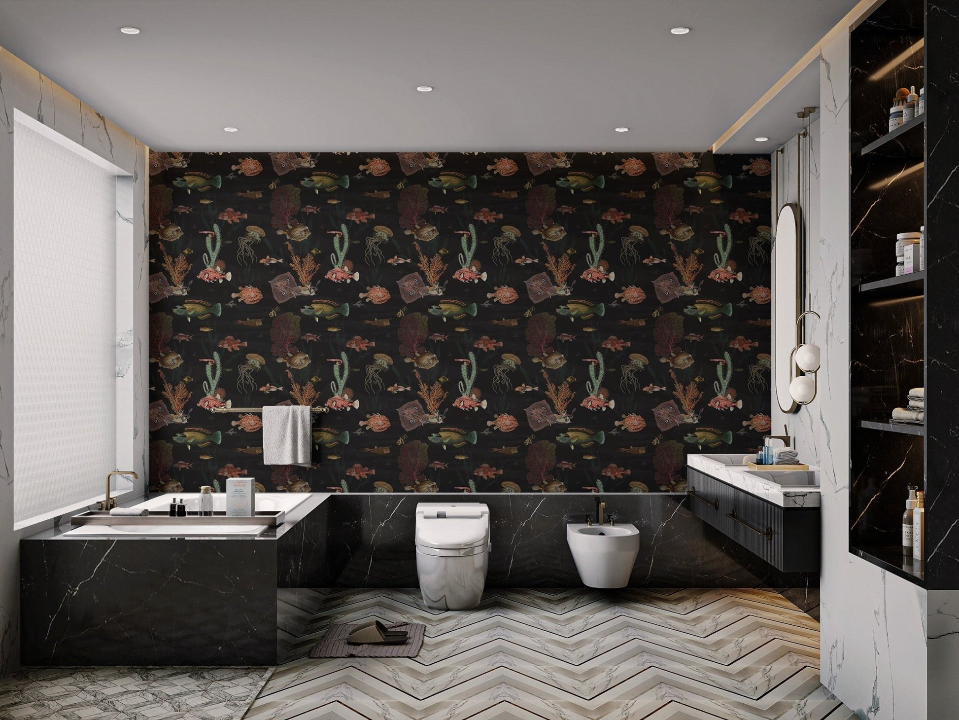 Classic fish repeat pattern on black wallpaper in a large bathroom.