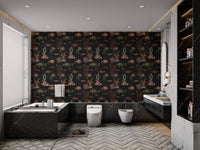 Classic fish repeat pattern on black wallpaper in a large bathroom.