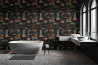 Vintage black fish wallpaper with repeat design for luxury bathroom.