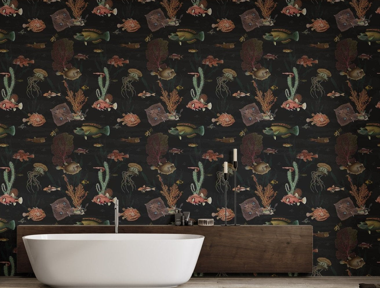 Elegant black wallpaper with painted fish art for open plan bathroom.