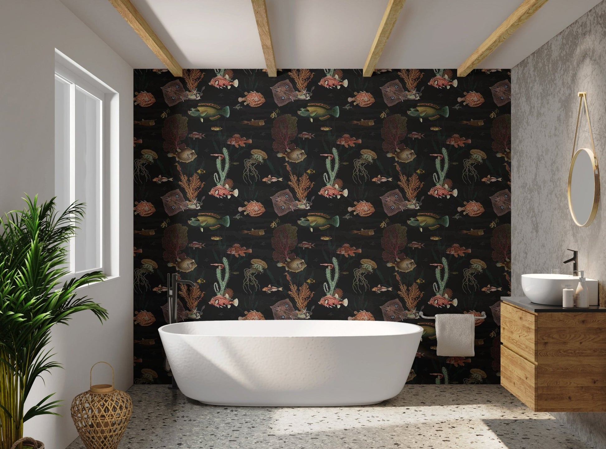 Retro aquarium fish repeat pattern wallpaper design in sunlit bathroom.