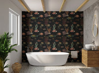 Retro aquarium fish repeat pattern wallpaper design in sunlit bathroom.