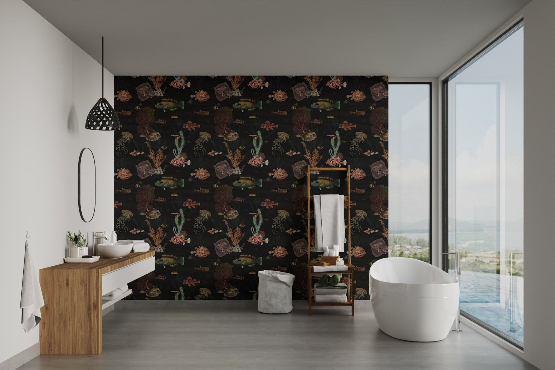 Dark nautical sea life wallpaper inside a master bathroom.