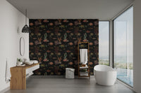 Dark nautical sea life wallpaper inside a master bathroom.