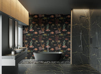 Dark aquarium fish wallpaper for a moody bathroom interior.