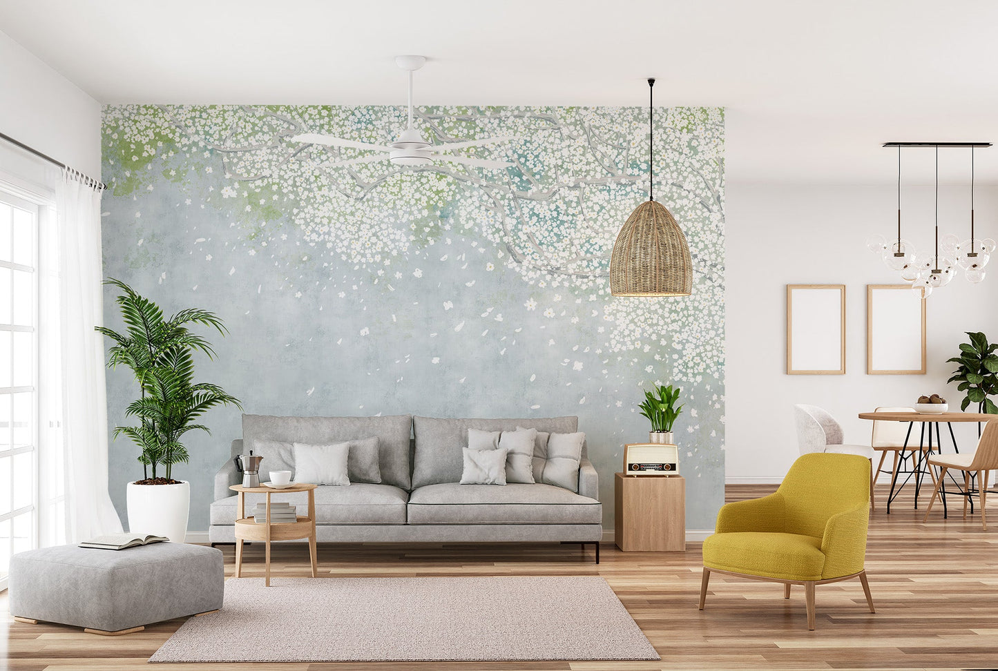 Classic botanical wallpaper with delicate white bloom wall mural.