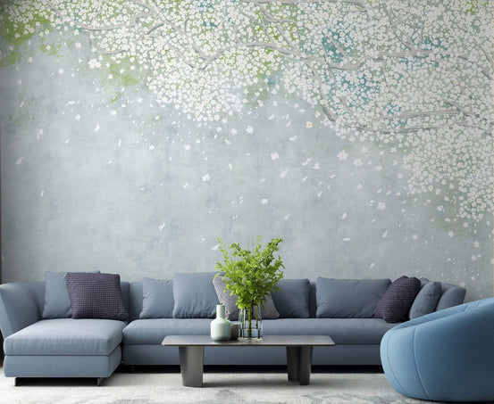 Decorative blossom branch wallpaper vintage wall mural.