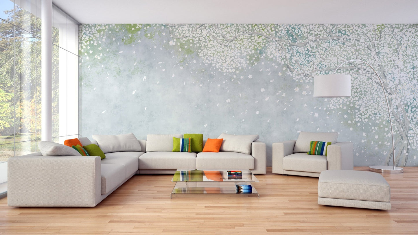 Vintage arbor wallpaper mural with soft sage tree branch wallpaper.