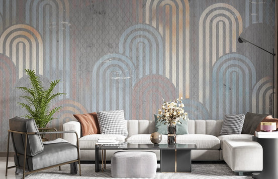 Geometric arch wall mural in a modern living area.