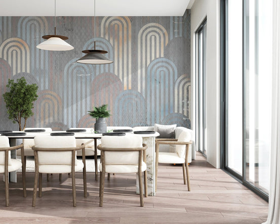 Blue and beige archway mural on a large dining area feature wall