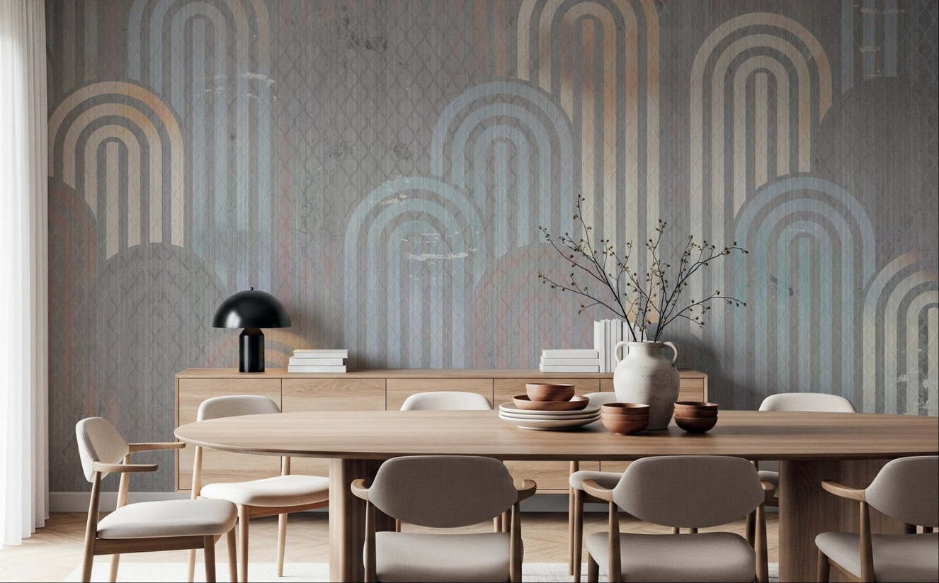 Vintage Archways Wall Mural in a dining room with wooden table and grey walls