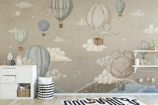 Vintage balloons wall mural with soft sky and hills.