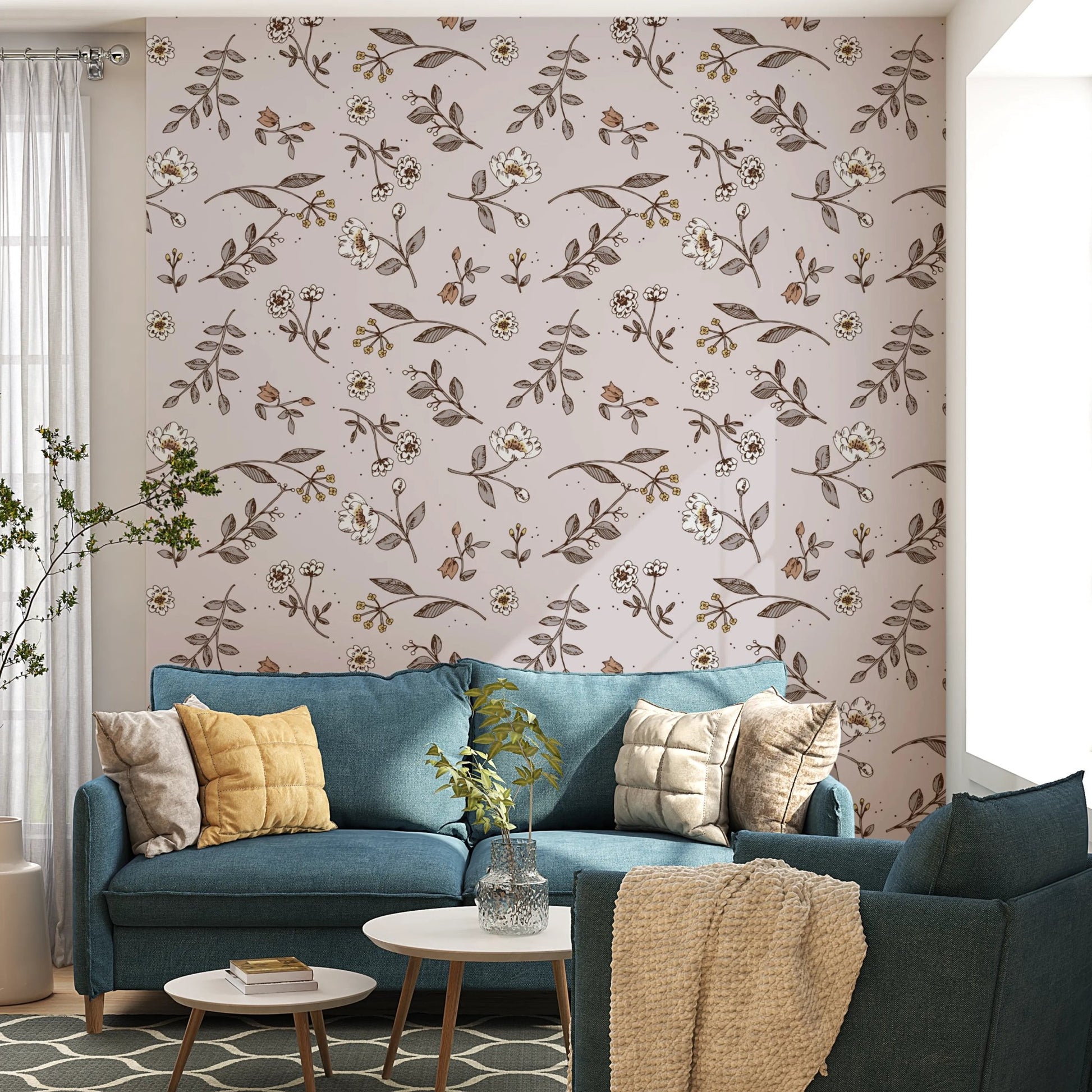 Fine line floral sketch wallpaper with soft shades