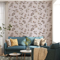 Fine line floral sketch wallpaper with soft shades