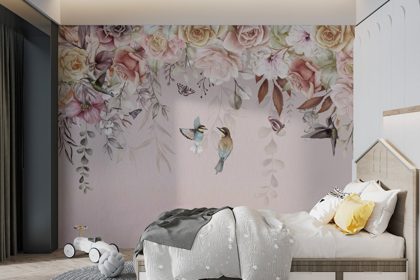 Wall mural with large rose graphics and small birds for children's bedroom.