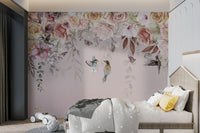 Wall mural with large rose graphics and small birds for children's bedroom.