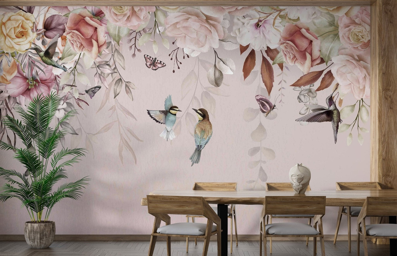 Soft pink mural showing hummingbirds and vintage blossoms for dining room.
