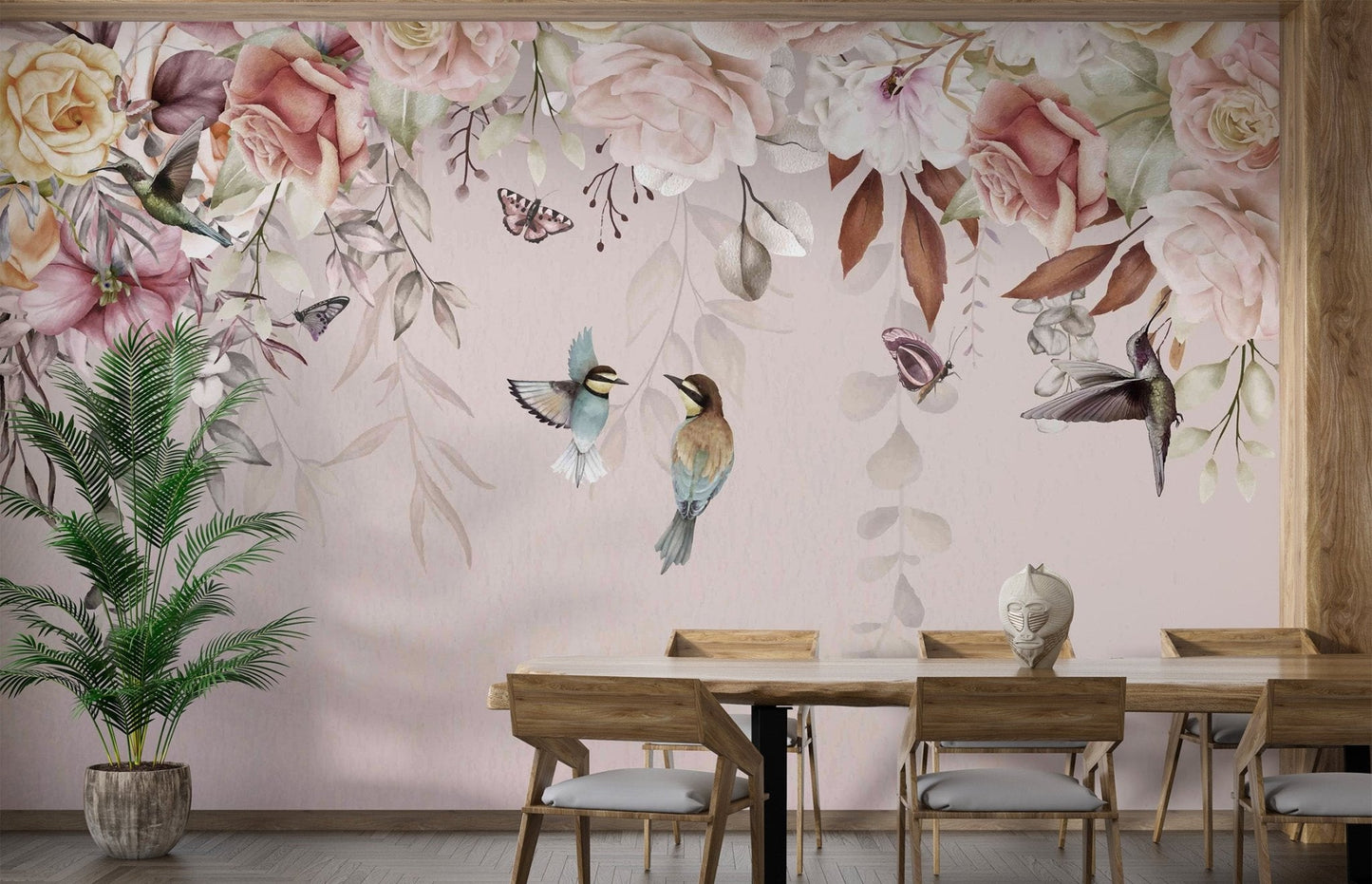 Soft pink mural showing hummingbirds and vintage blossoms for dining room.