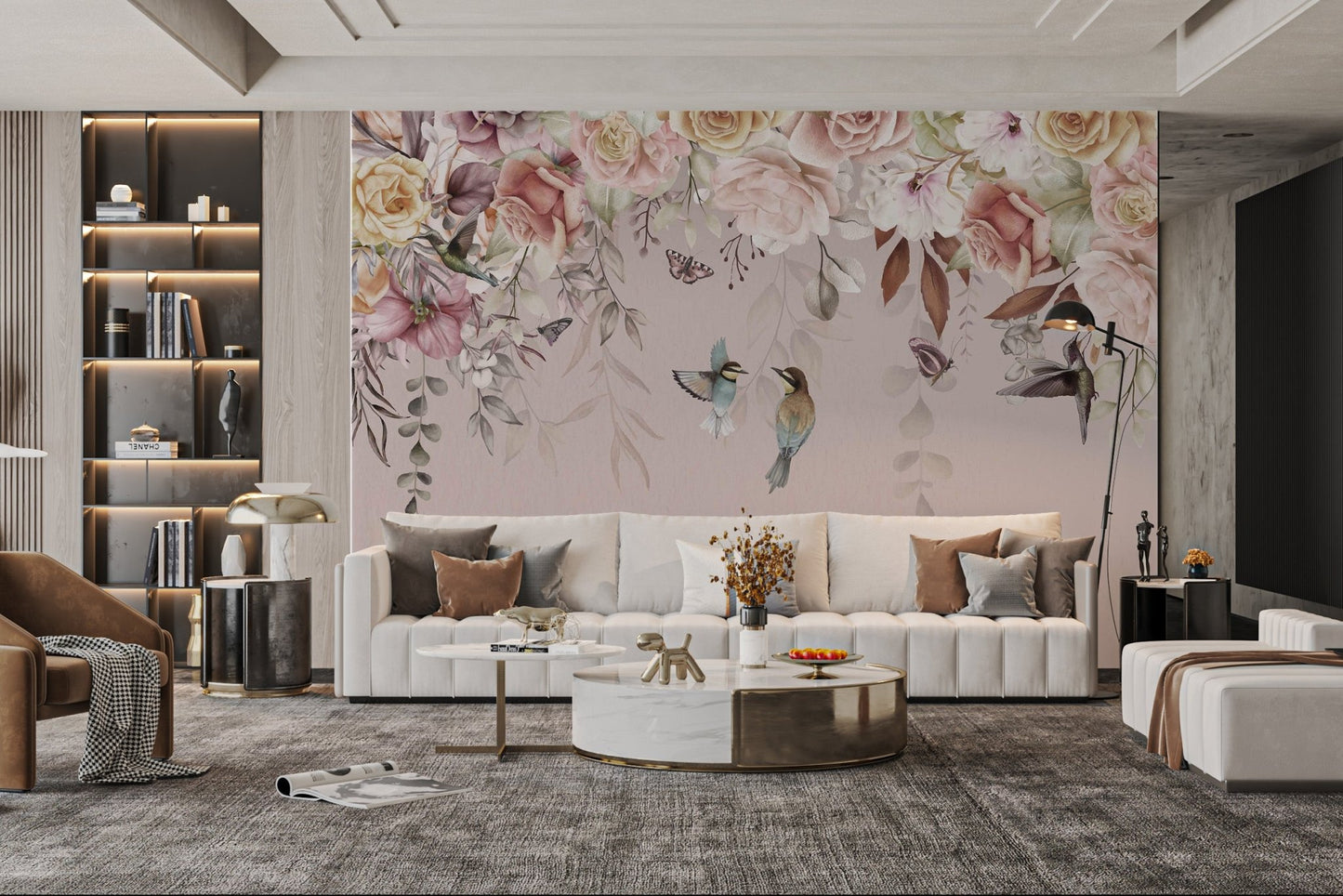 Romantic floral mural with muted tones of pink, beige and cream roses.