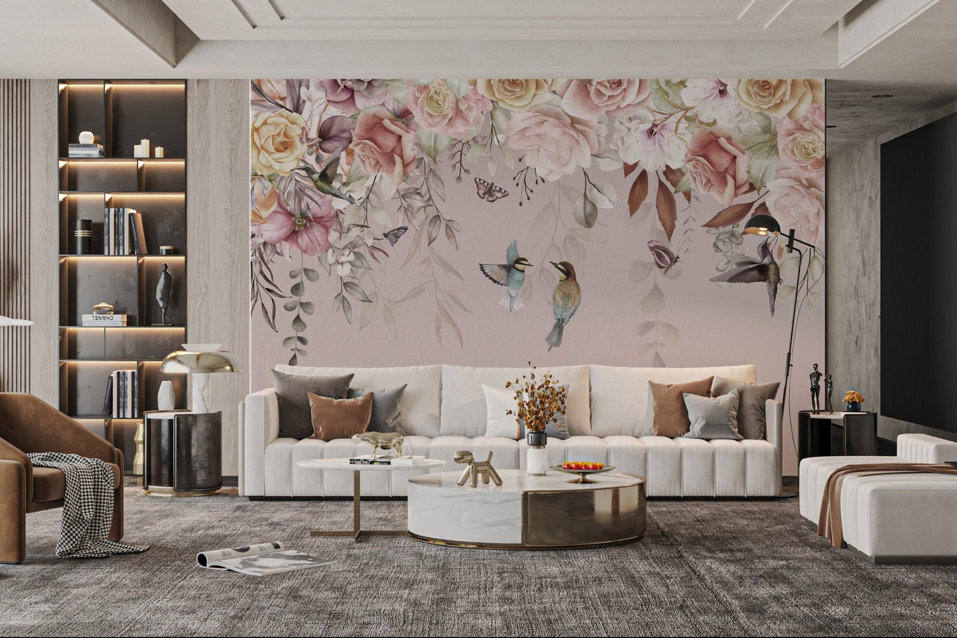 Romantic floral mural with muted tones of pink, beige and cream roses.