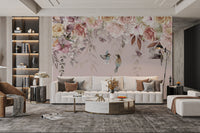 Romantic floral mural with muted tones of pink, beige and cream roses.