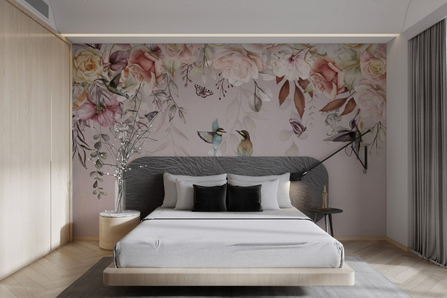Vintage floral wall mural with brown leaves and rose patterns for bedroom.