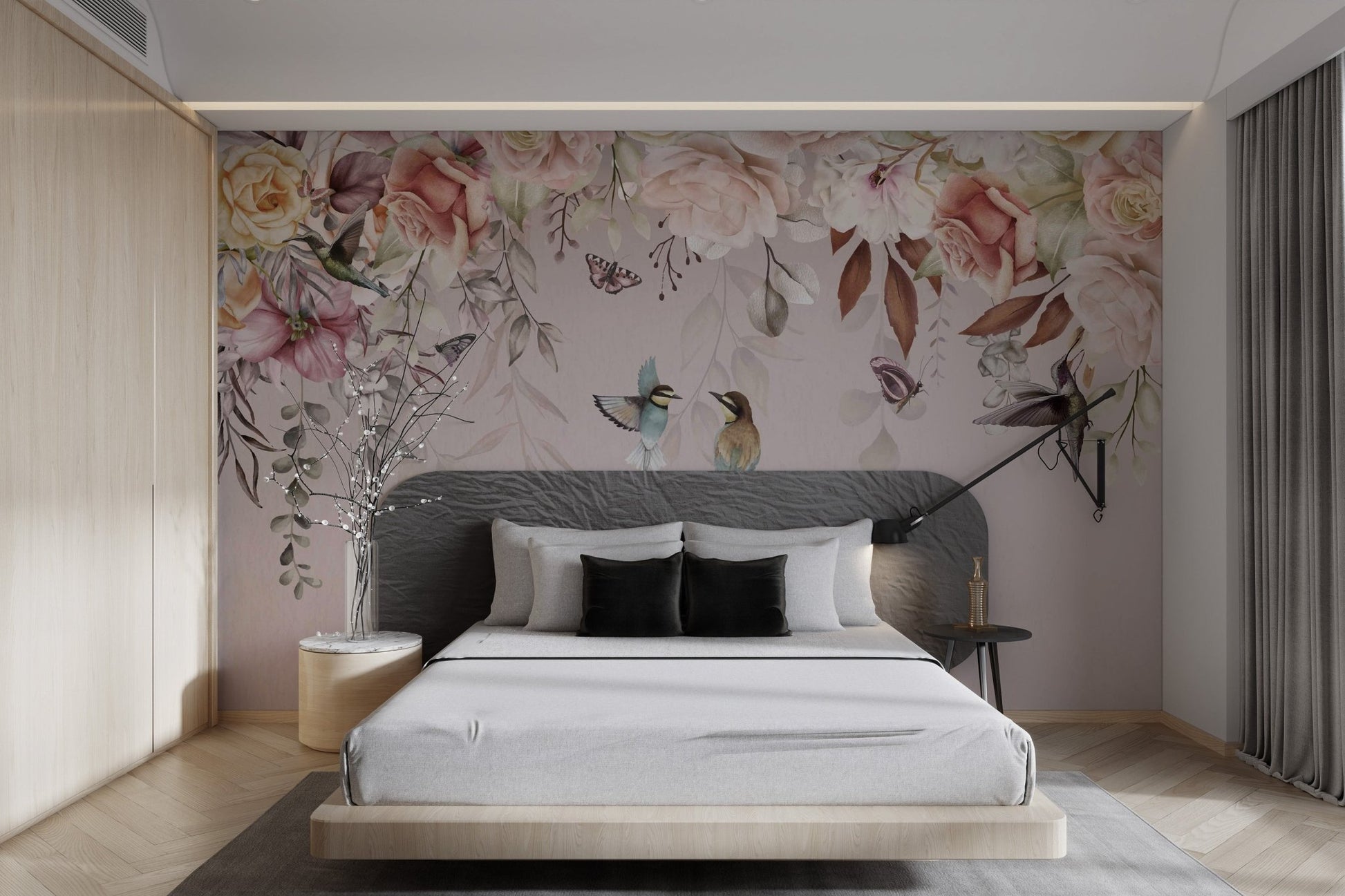 Vintage floral wall mural with brown leaves and rose patterns for bedroom.