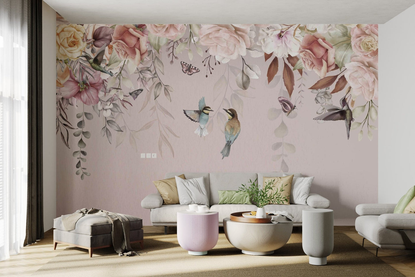 Floral pattern wall mural with cream roses and hanging green vines.