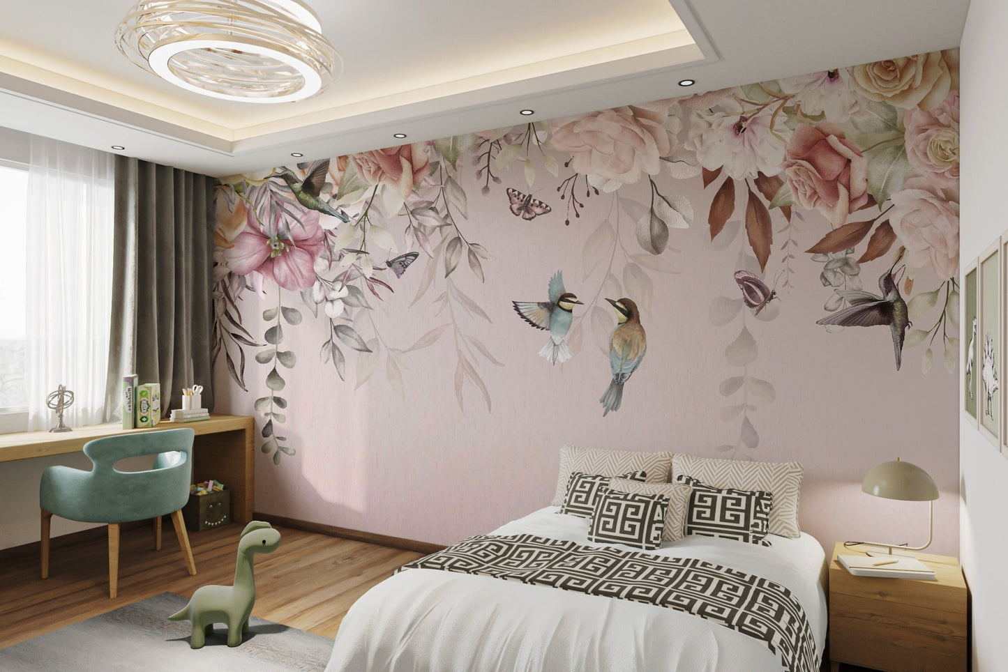 Floral wall mural featuring cream flowers and butterflies for bedrooms.